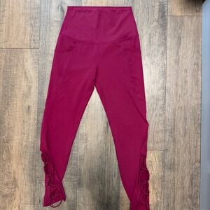 Lole‎ Womens Small High Waist Leggings Dark Pink Side Pockets Lace Up Athletic